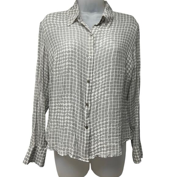 Limited Silk Gray White Semi Sheer Button Up Blouse Geometric Print Size Large - Picture 1 of 5